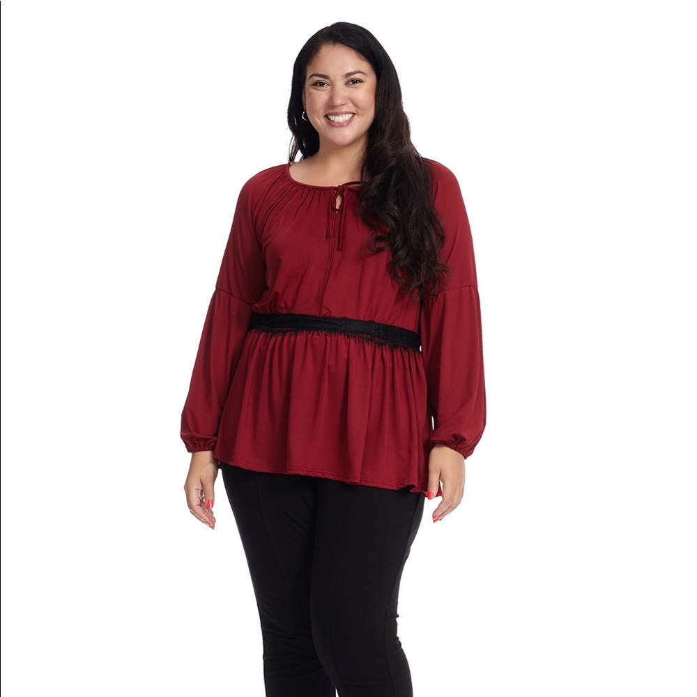 Kaktus Burgundy Babydoll Jersey Top Womens Size Small Black Lace Trim Swing Tee